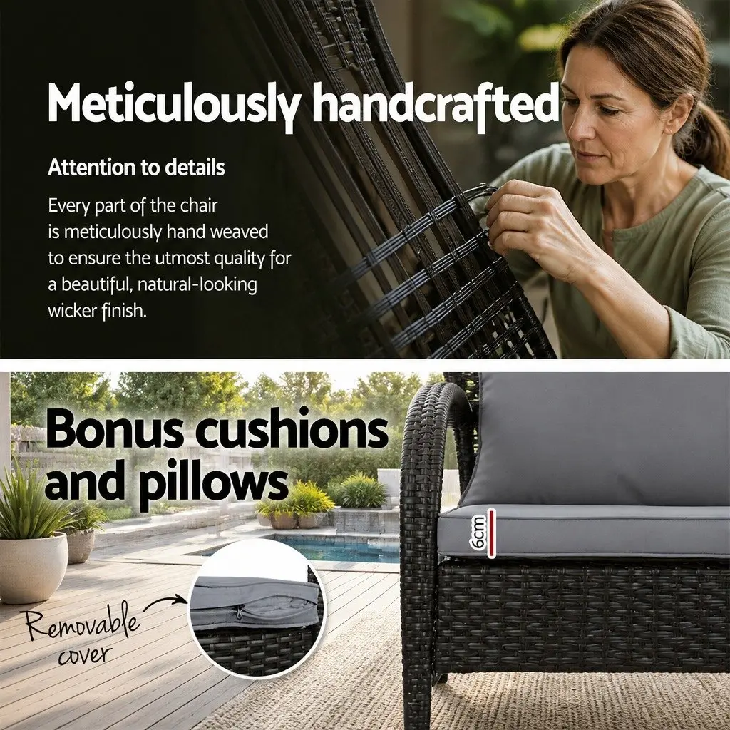 Outdoor Rocking Chair Set with Side Table Black Wicker 2 Piece