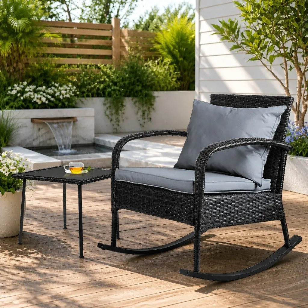 Outdoor Rocking Chair Set with Side Table Black Wicker 2 Piece