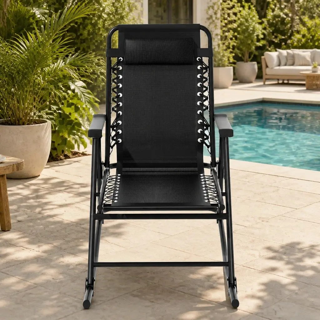 Outdoor Folding Rocking Chair Lounge Recliner Patio Garden Furniture Black