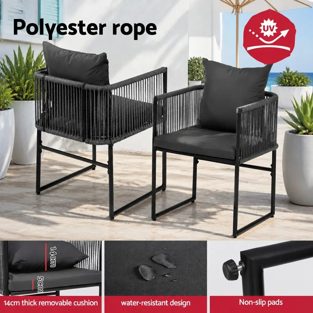 Outdoor Dining Chairs Woven Rope Steel Frame 2PC Grey Black