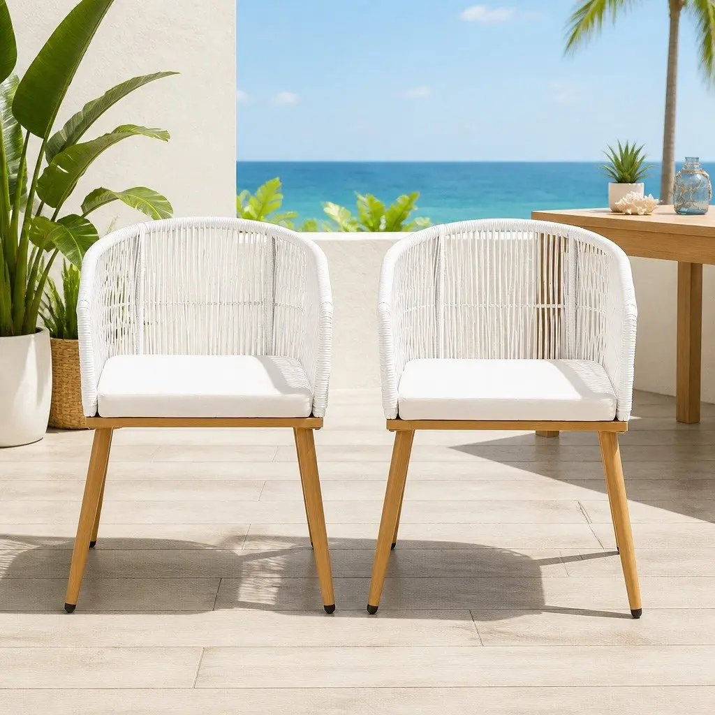 Outdoor Chairs 2PC Wicker Armchairs Garden Furniture Steel White