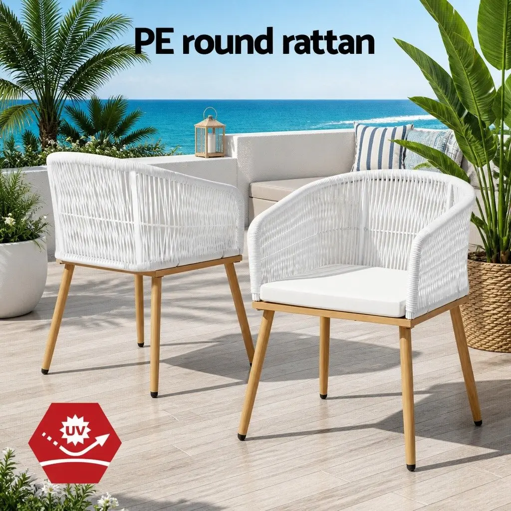 Outdoor Chairs 2PC Wicker Armchairs Garden Furniture Steel White