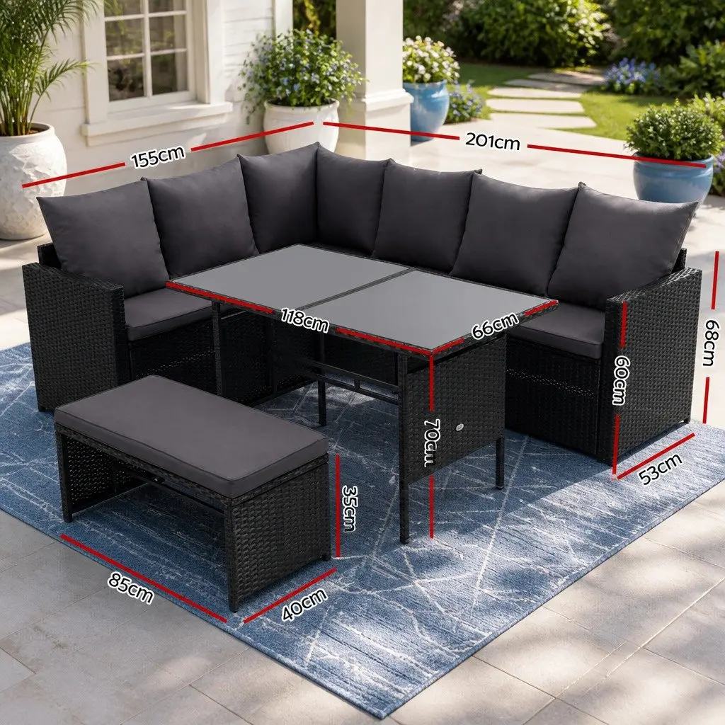 Outdoor Sofa Dining Set 8 Seater Wicker Lounge with Table Black Garden Furniture