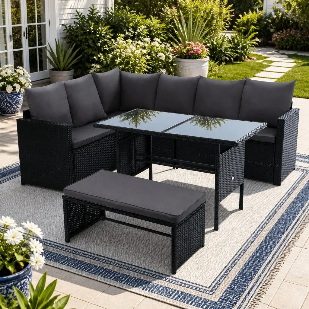 Outdoor Sofa Dining Set 8 Seater Wicker Lounge with Table Black Garden Furniture