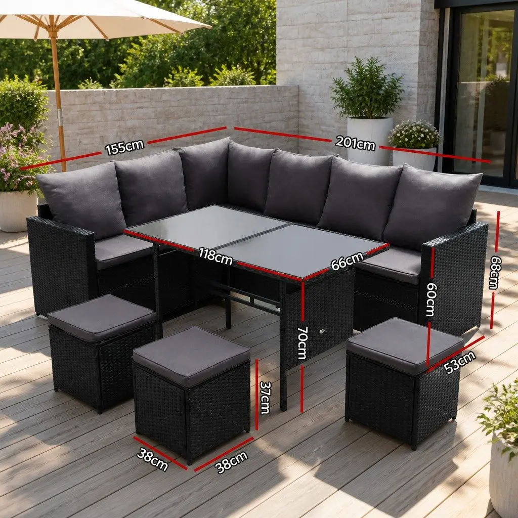 Outdoor Sofa Dining Set 9-Seater Lounge Chairs Table Ottoman with Cover Black