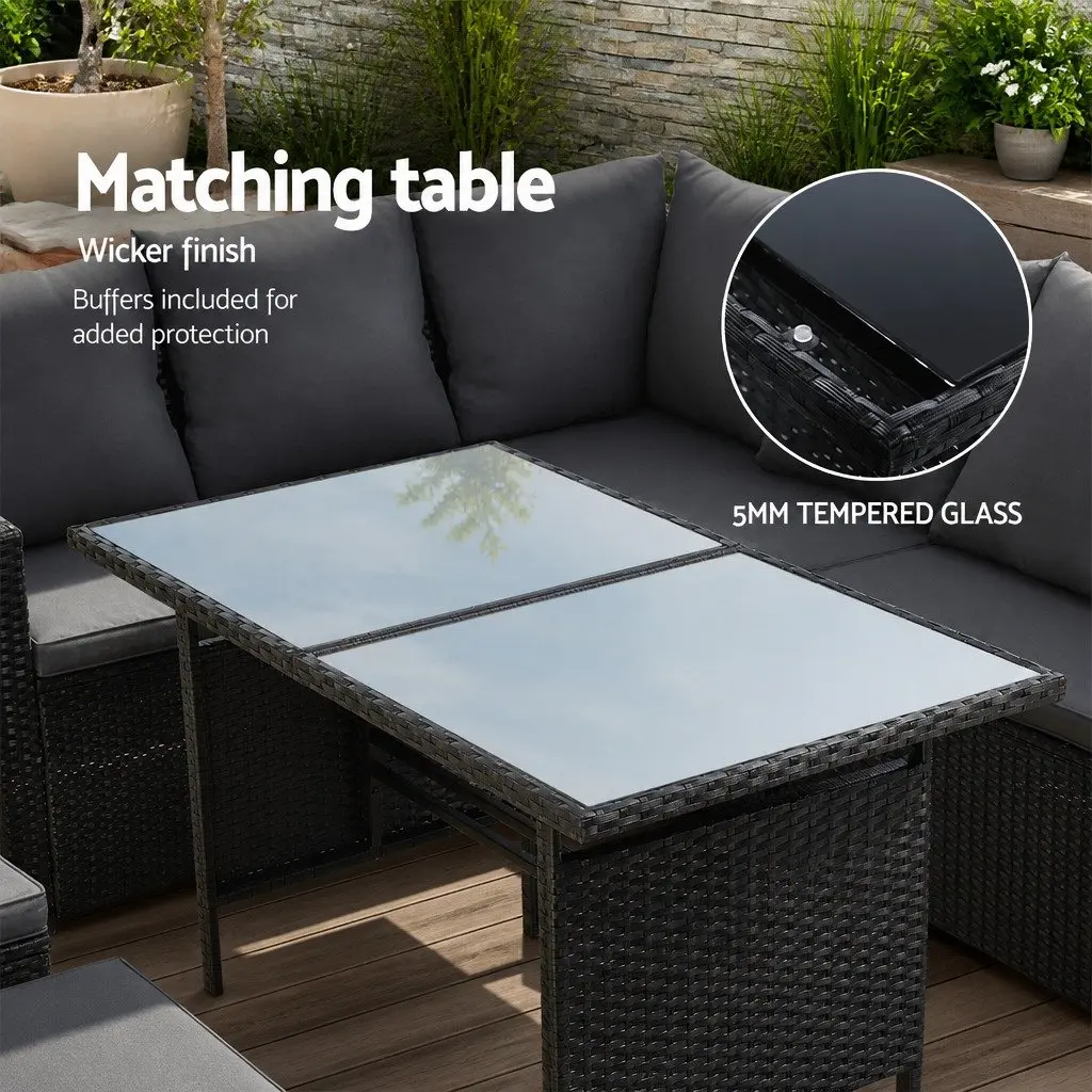 Outdoor Sofa Dining Set 9-Seater Lounge Chairs Table Ottoman with Cover Black