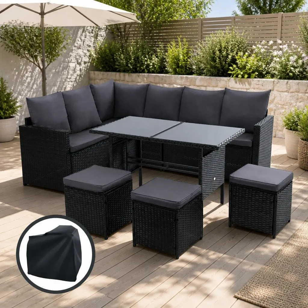 Outdoor Sofa Dining Set 9-Seater Lounge Chairs Table Ottoman with Cover Black