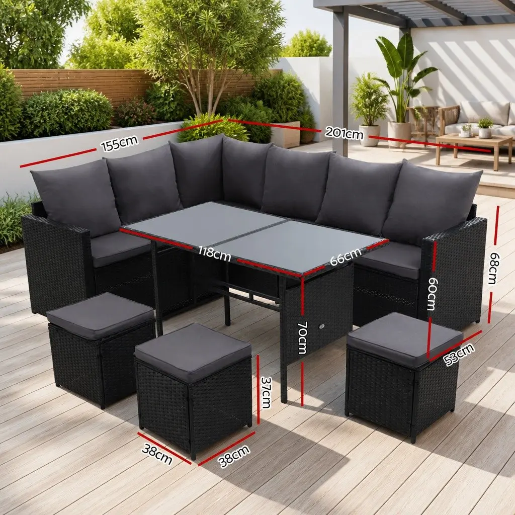 Wicker Sofa Set 9 Seater Outdoor Dining Arrangement with Table Black