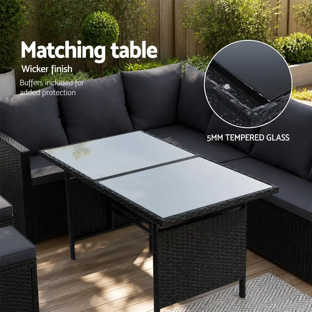 Wicker Sofa Set 9 Seater Outdoor Dining Arrangement with Table Black