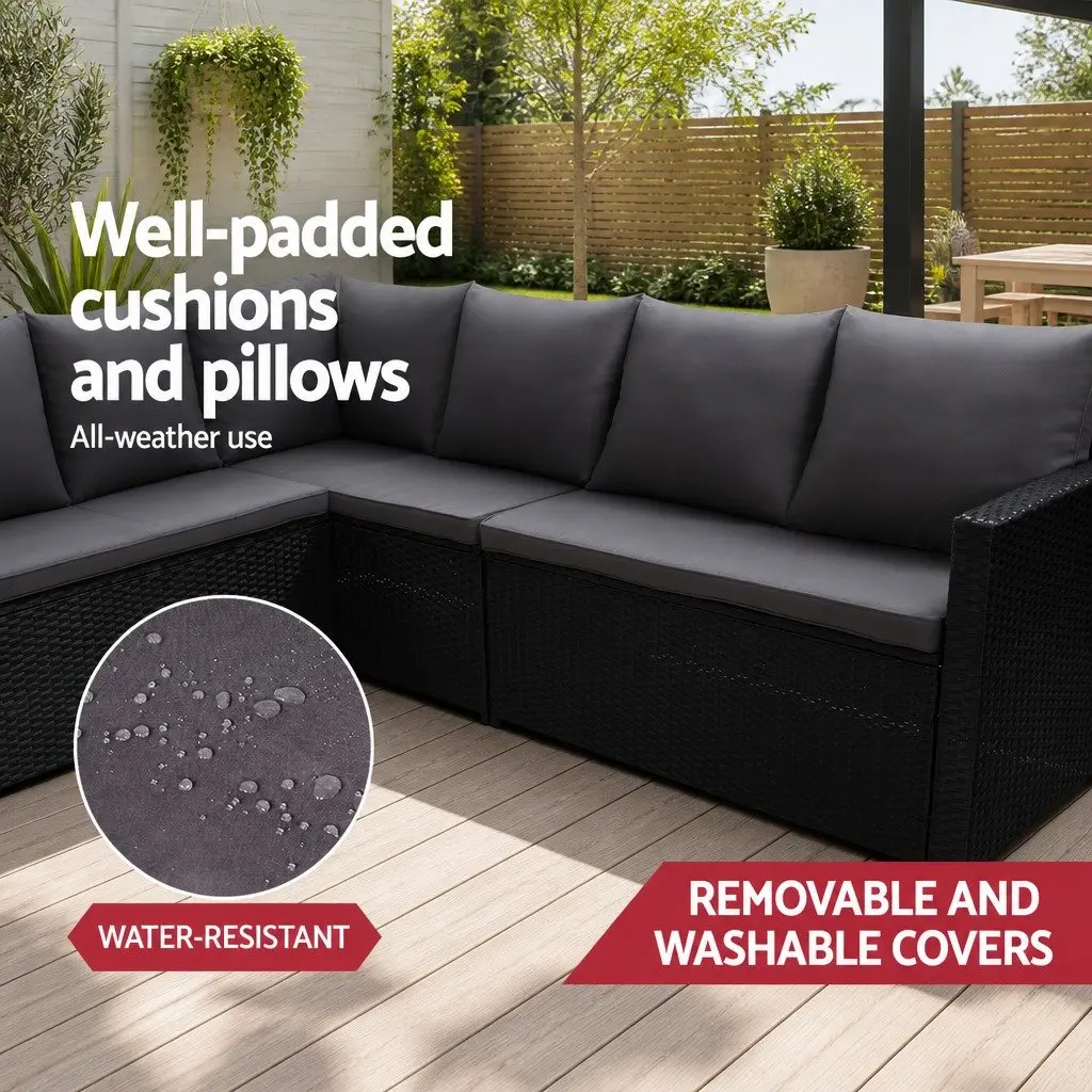 Wicker Sofa Set 9 Seater Outdoor Dining Arrangement with Table Black