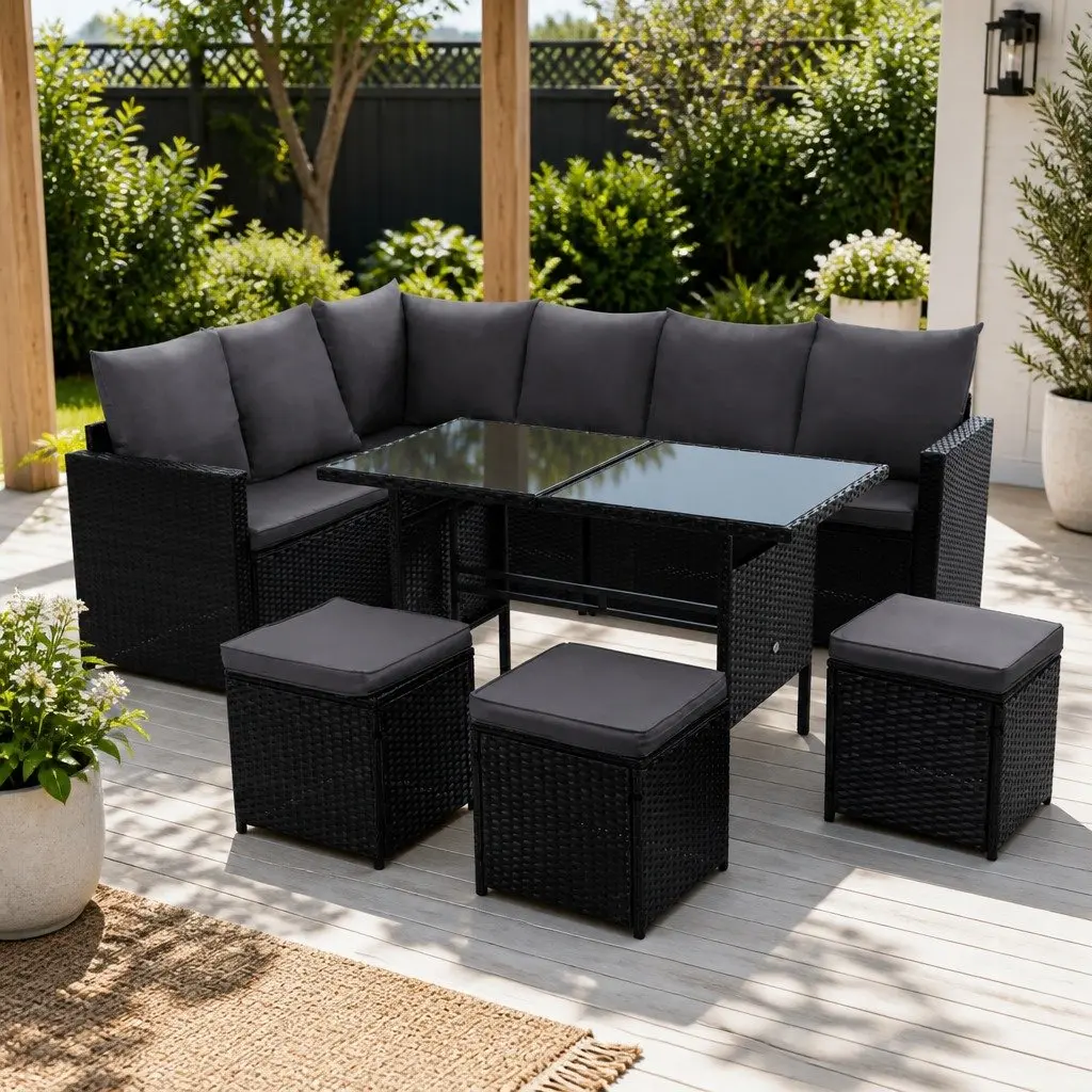Wicker Sofa Set 9 Seater Outdoor Dining Arrangement with Table Black