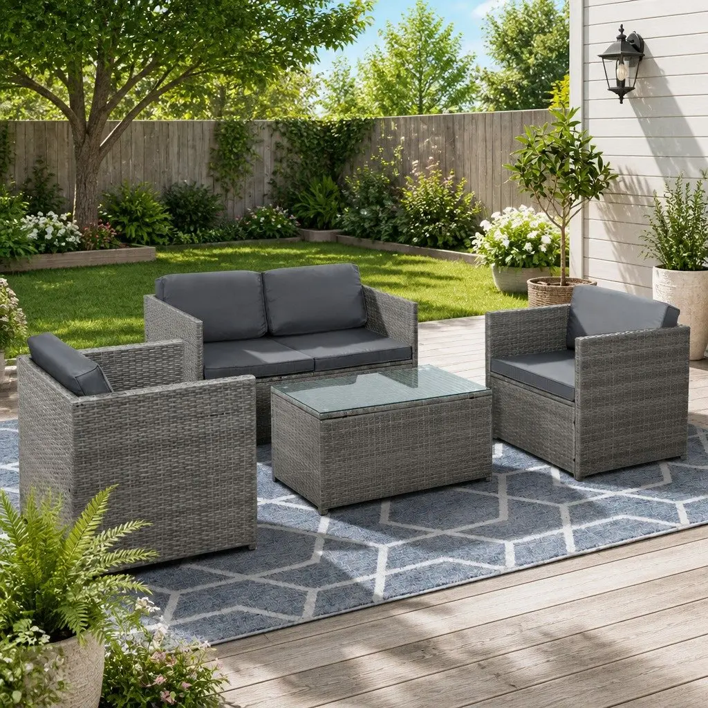 4 Piece Outdoor Wicker Sofa Set Lounge Couch Grey 2 Seater Single Sofas Centre Table