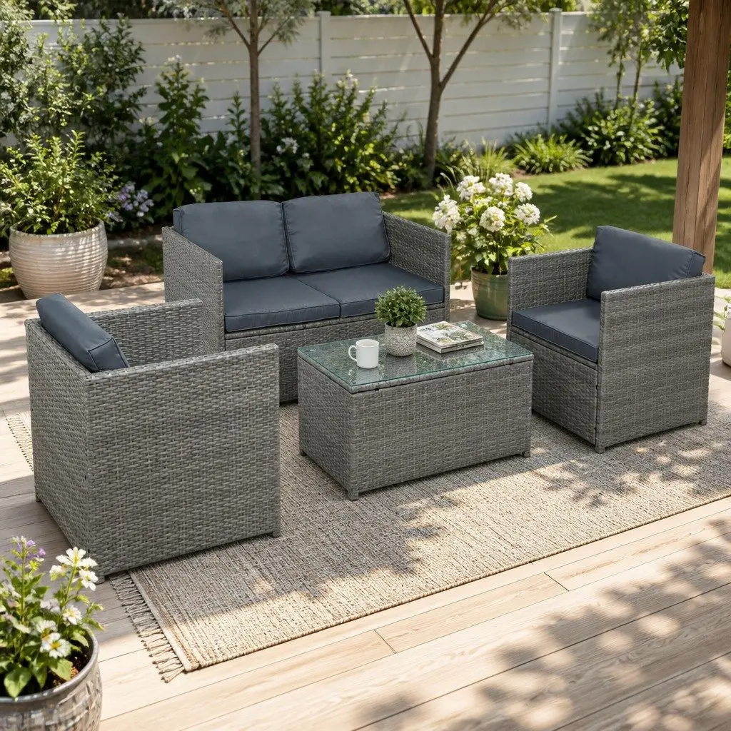 4 Piece Outdoor Wicker Sofa Set Lounge Couch Grey 2 Seater Single Sofas Centre Table