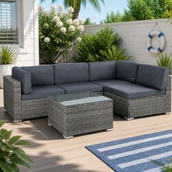5-Piece Outdoor Wicker Sofa Set 4 Seater Lounge Couch Grey with Glass Top Table