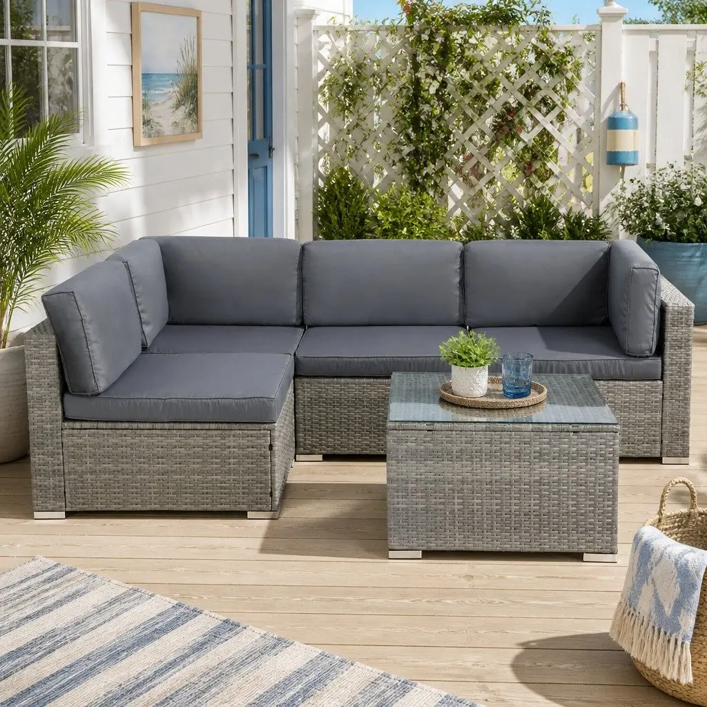 5 Piece Outdoor Wicker Sofa Set Lounge Couch 4 Seater Grey with Glass Top Table
