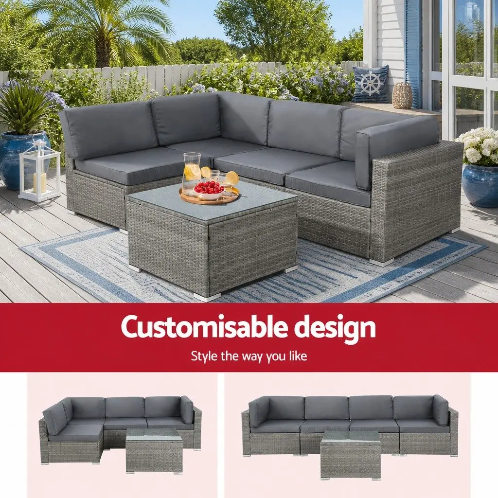 5 Piece Outdoor Wicker Sofa Set Lounge Couch 4 Seater Grey with Glass Top Table