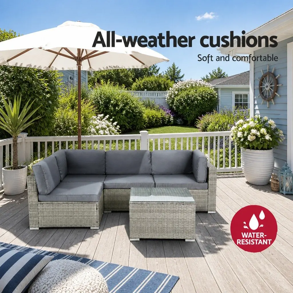 5 Piece Outdoor Wicker Sofa Set Lounge Couch 4 Seater Grey with Glass Top Table