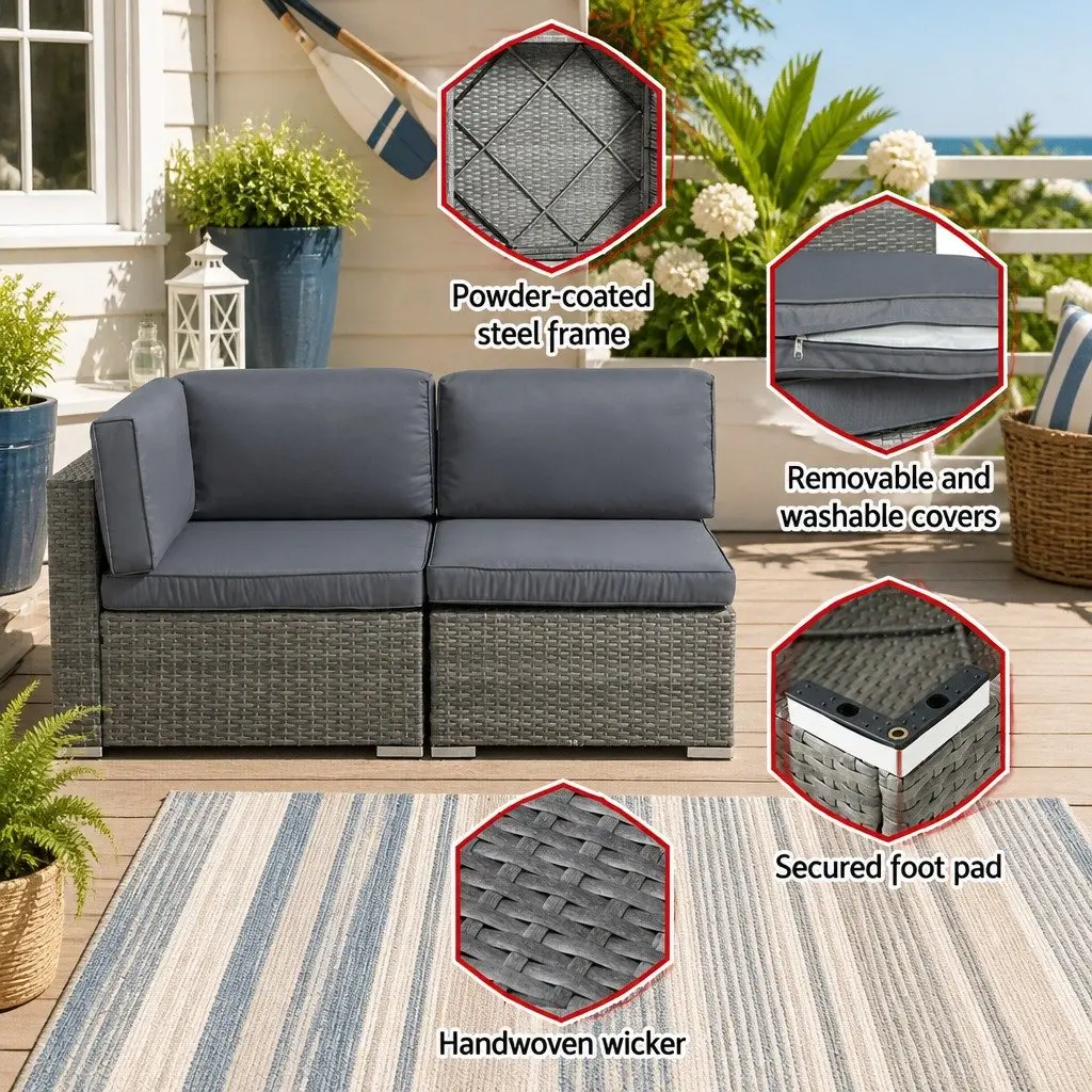 5 Piece Outdoor Wicker Sofa Set Lounge Couch 4 Seater Grey with Glass Top Table