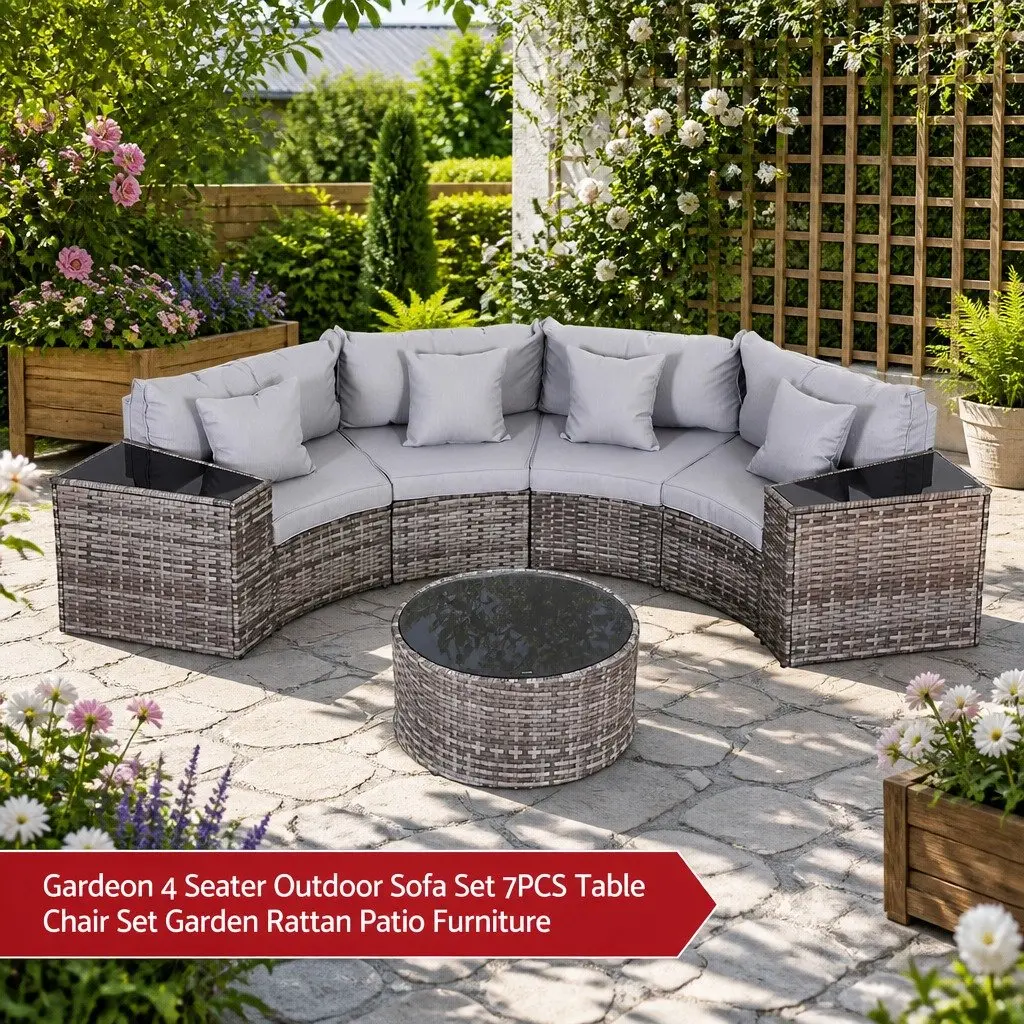 Outdoor Sofa Set 4 Seater Garden Lounge Furniture 7 Piece Grey Rattan