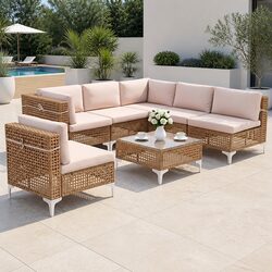 Durable 6 Seater Rattan Sofa Set with Coffee Table