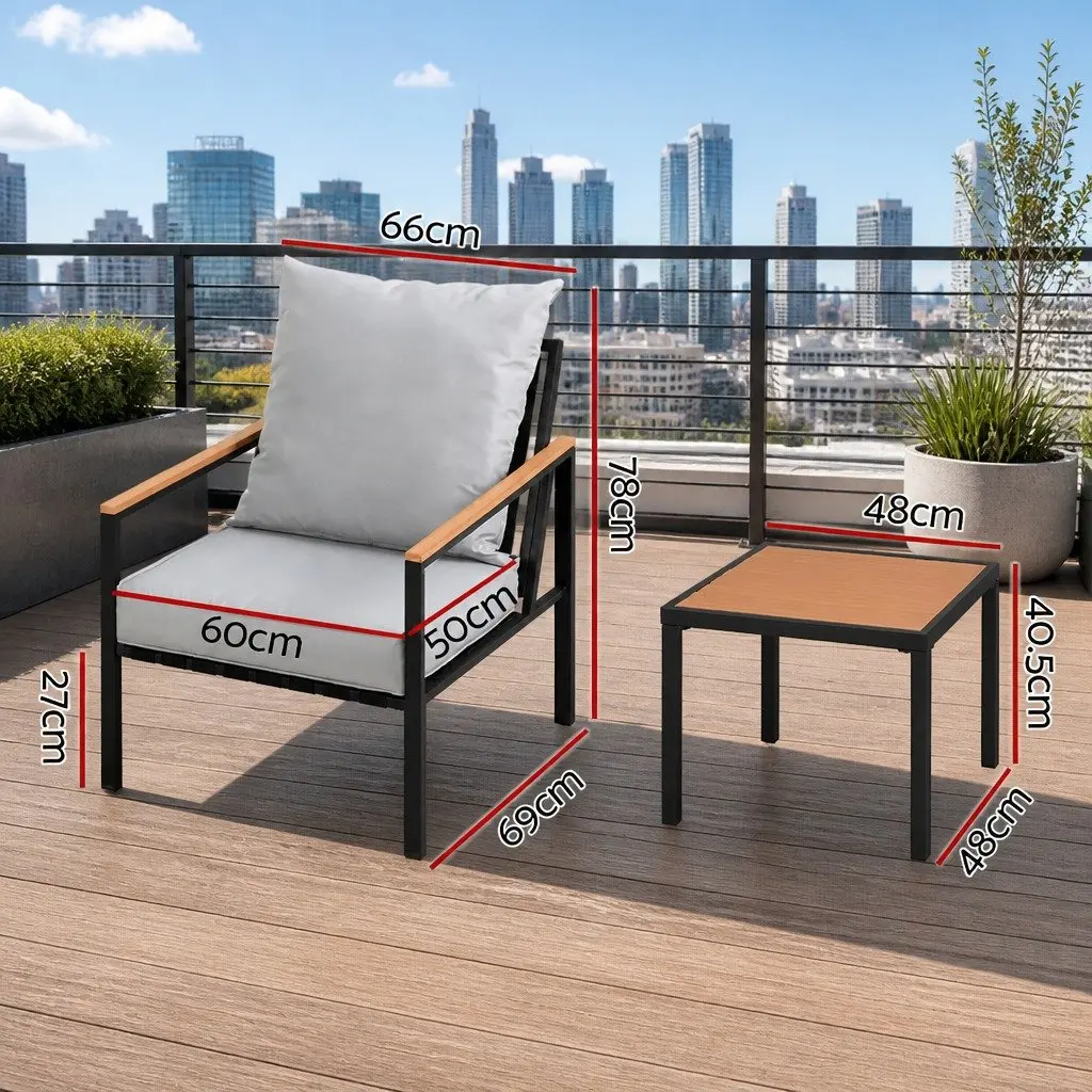3 Piece Outdoor Bistro Set Lounge Chairs Coffee Table Black Grey