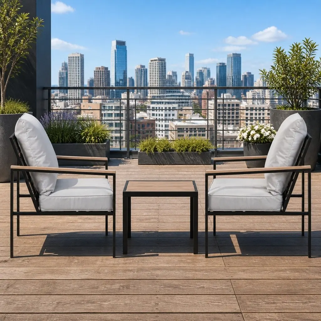3 Piece Outdoor Bistro Set Lounge Chairs Coffee Table Black Grey