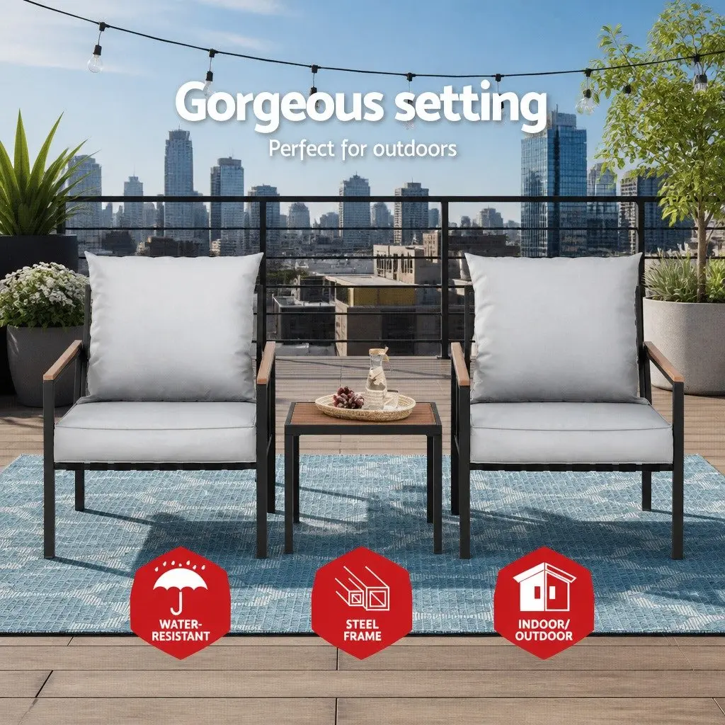 3 Piece Outdoor Bistro Set Lounge Chairs Coffee Table Black Grey