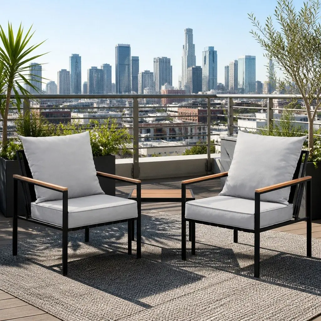 3 Piece Outdoor Bistro Set Lounge Chairs Coffee Table Black Grey