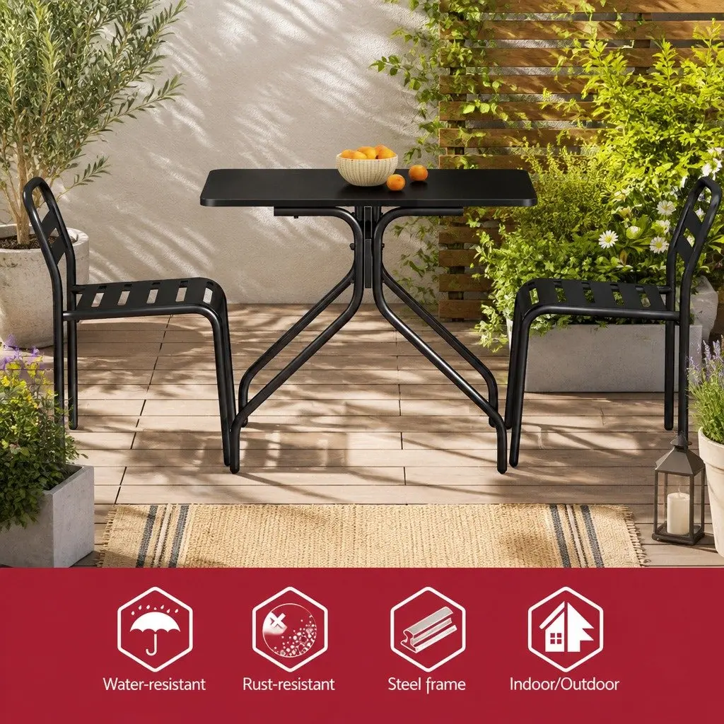 Bistro Set Steel Patio Dining Table and Chairs Black 3 Piece for Outdoor and Indoor Use