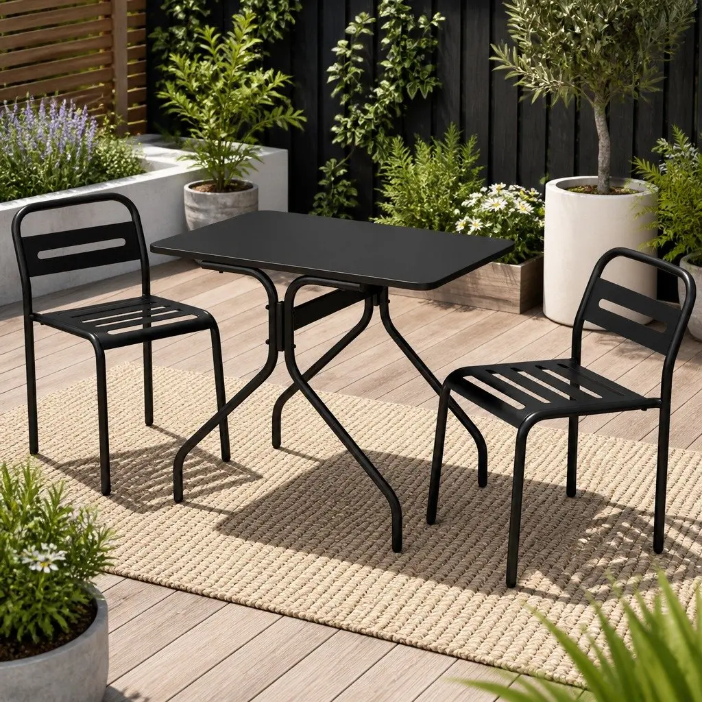 Bistro Set Steel Patio Dining Table and Chairs Black 3 Piece for Outdoor and Indoor Use