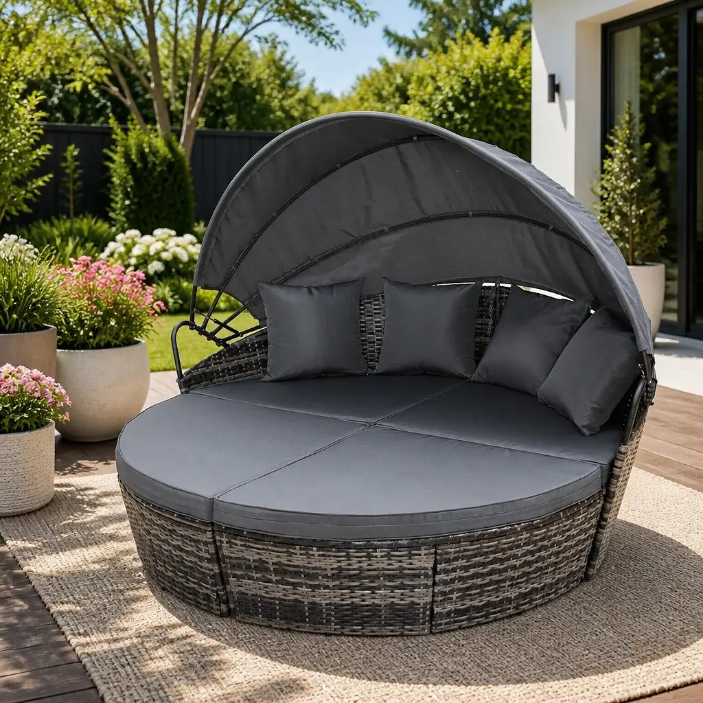 Outdoor Day Bed Sun Lounge Setting Wicker Lounger Patio Furniture Grey Folding