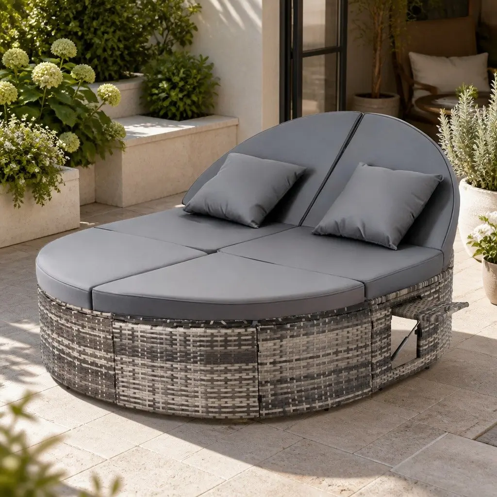 Outdoor Day Bed Sun Lounge Grey Wicker Adjustable Backrests Retractable Side Trays