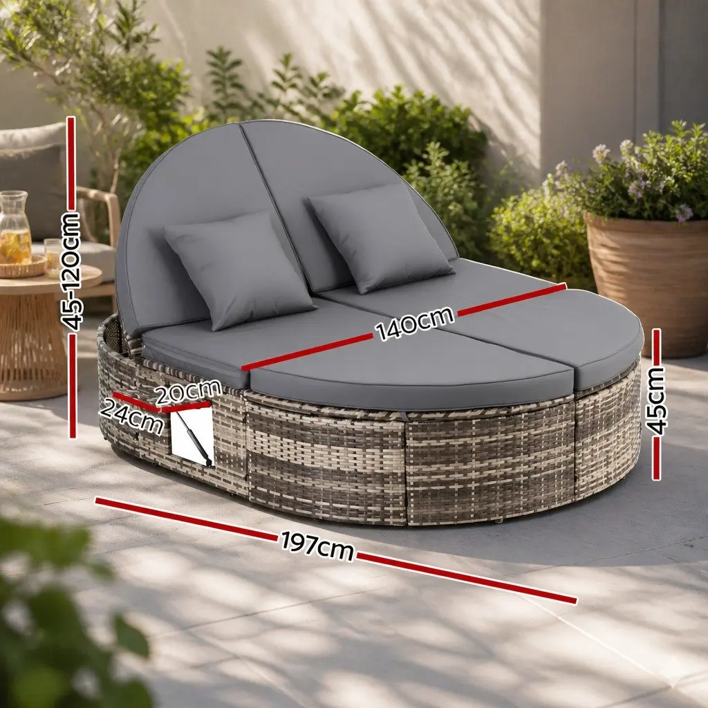 Outdoor Day Bed Sun Lounge Grey Wicker Adjustable Backrests Retractable Side Trays