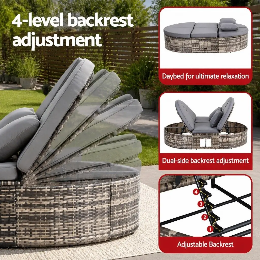 Outdoor Day Bed Sun Lounge Grey Wicker Adjustable Backrests Retractable Side Trays