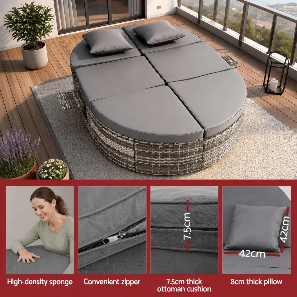 Outdoor Day Bed Sun Lounge Grey Wicker Adjustable Backrests Retractable Side Trays