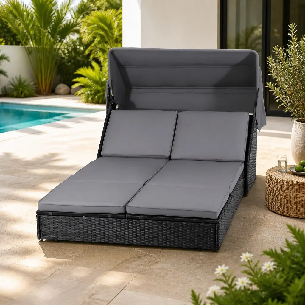 Outdoor Day Bed Sun Lounge Adjustable Backrest Black Wicker Lounger