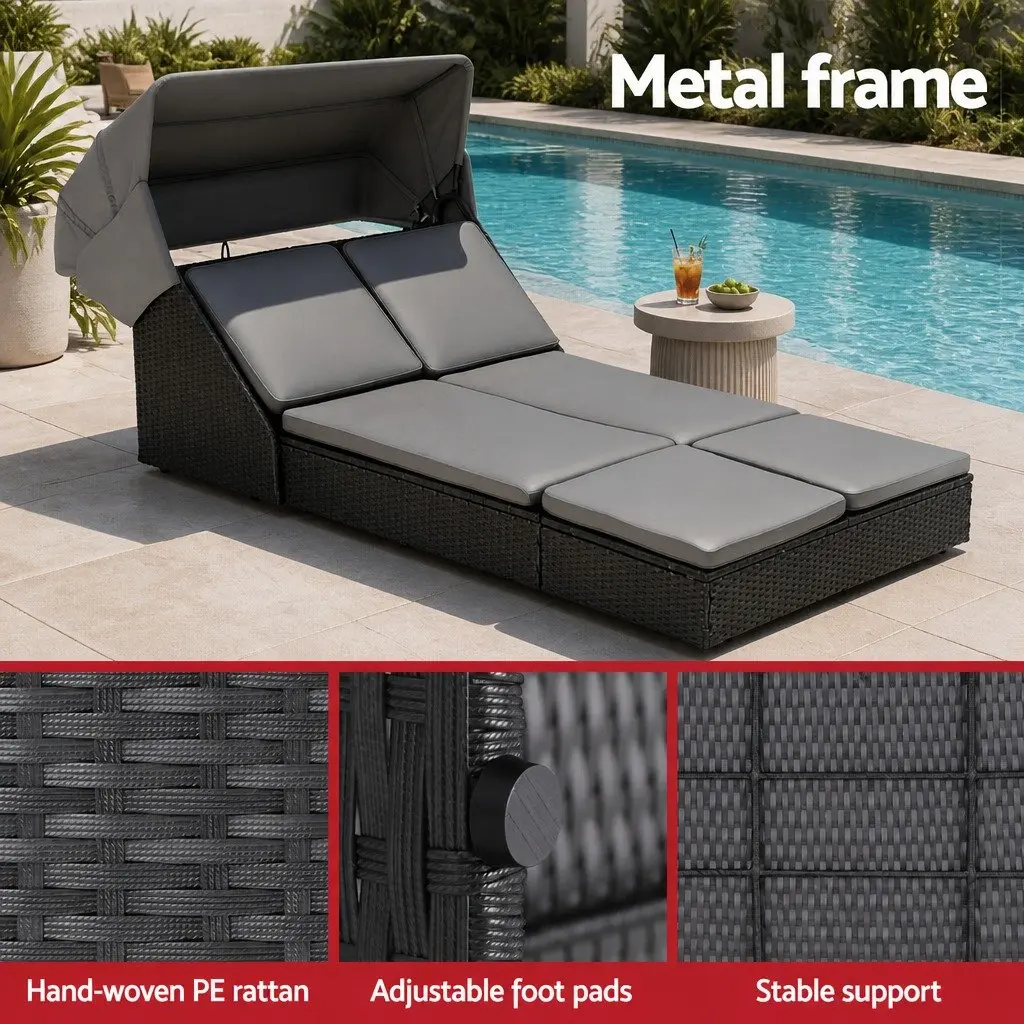 Outdoor Day Bed Sun Lounge Adjustable Backrest Black Wicker Lounger