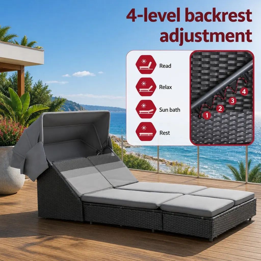 Outdoor Day Bed Sun Lounge Adjustable Backrest Black Wicker Lounger
