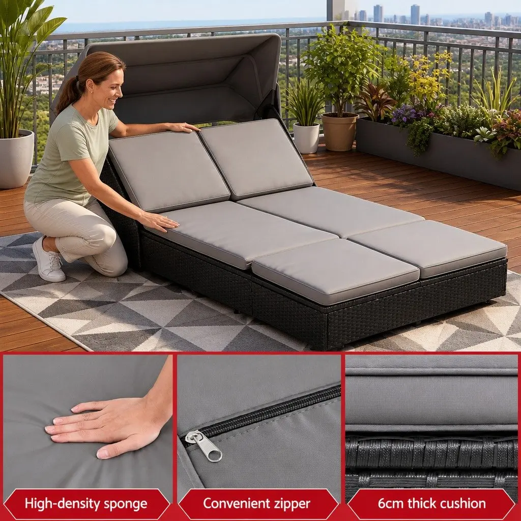 Outdoor Day Bed Sun Lounge Adjustable Backrest Black Wicker Lounger