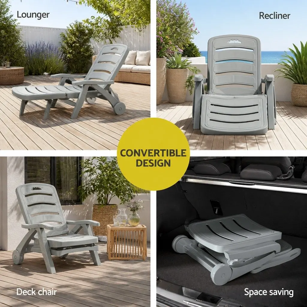 Sun Lounger Adjustable Backrest Folding Lounge Chair with Wheels Outdoor Patio Furniture Grey