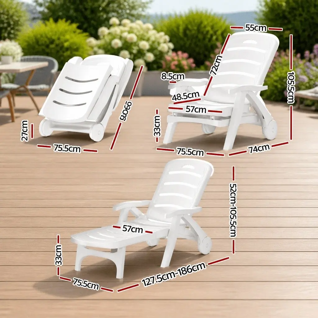 Sun Lounger Folding Chaise Chair Outdoor Recliner 5 Position Adjustable White