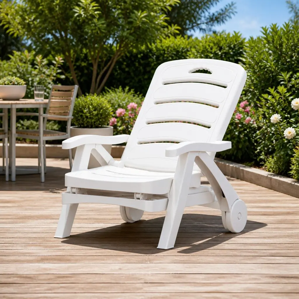 Sun Lounger Folding Chaise Chair Outdoor Recliner 5 Position Adjustable White