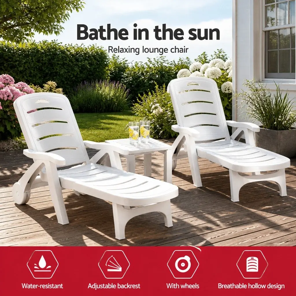 Sun Lounger Folding Chaise Chair Outdoor Recliner 5 Position Adjustable White