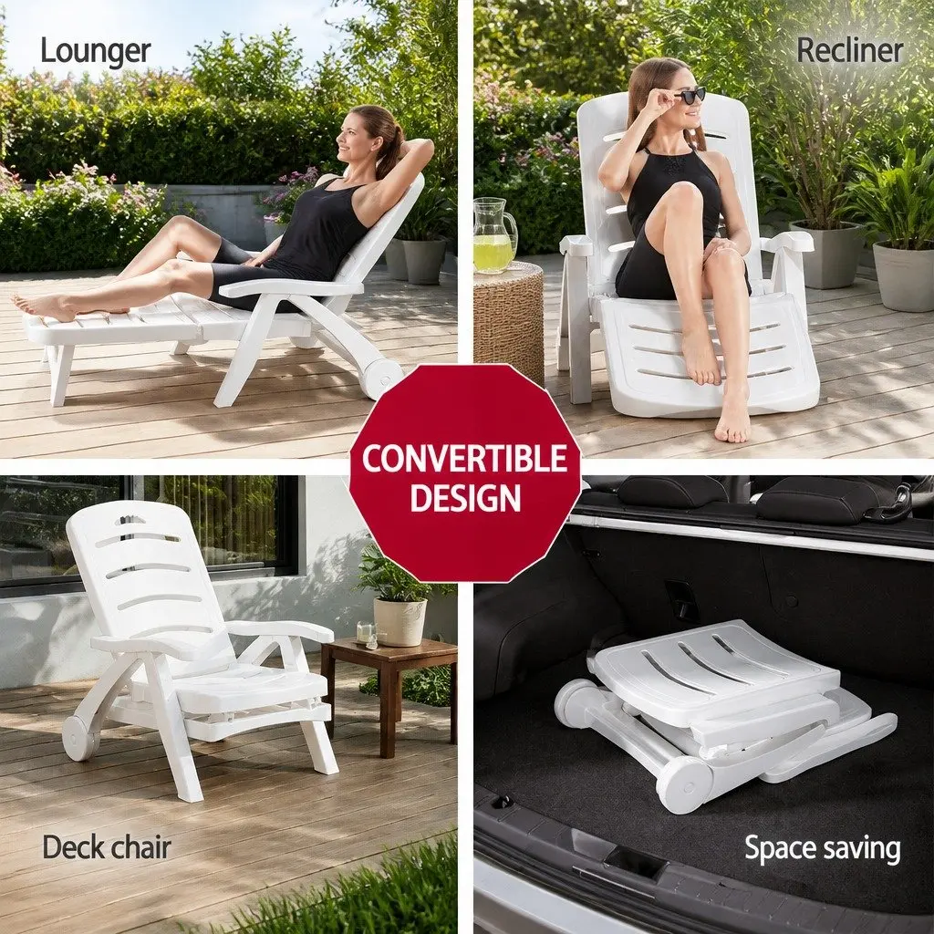 Sun Lounger Folding Chaise Chair Outdoor Recliner 5 Position Adjustable White