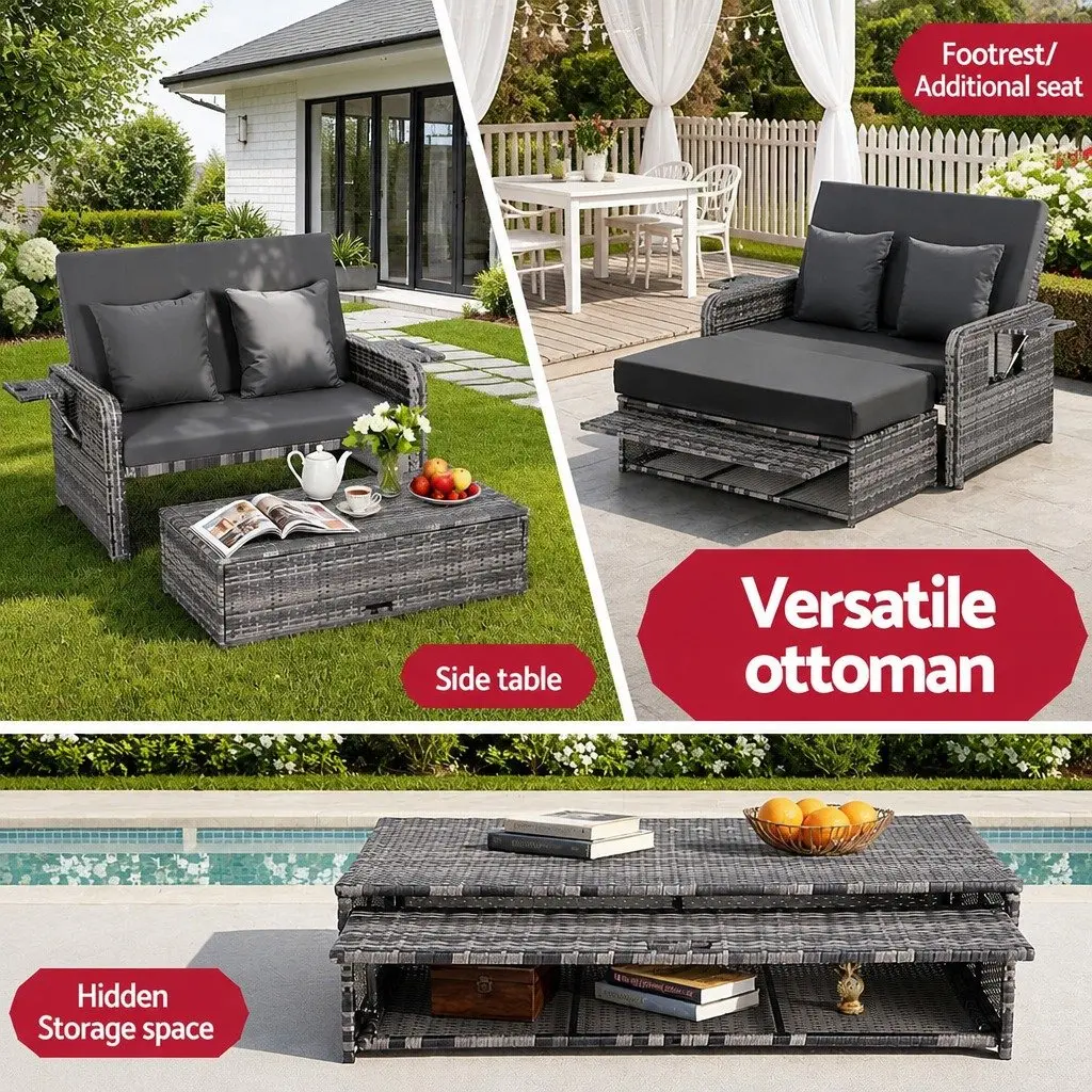 Outdoor Day Bed Adjustable Lounger 204cm x 127cm Grey