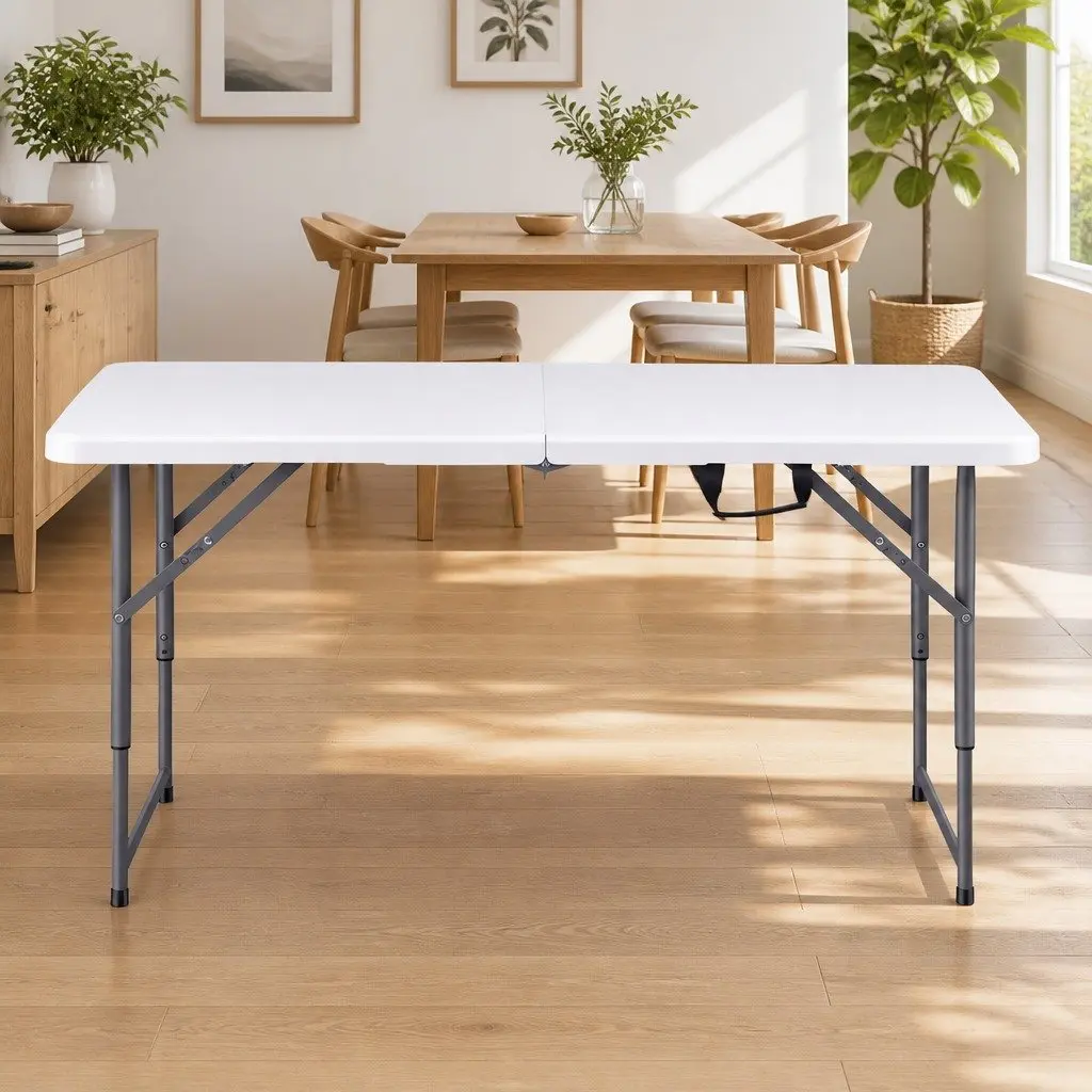 Folding Table Portable Adjustable Height 123cm White