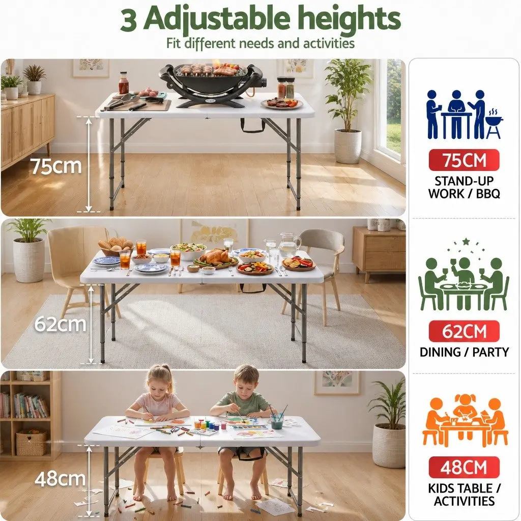 Folding Table Portable Adjustable Height 123cm White