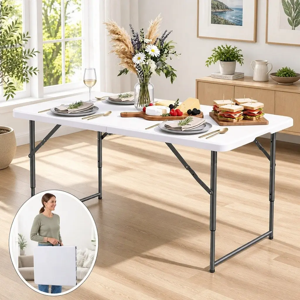 Folding Table Portable Adjustable Height 123cm White