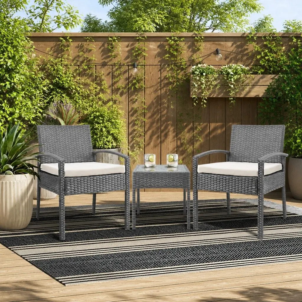 3PC Patio Lounge Set Outdoor Bistro Furniture Wicker Chairs Side Table Grey
