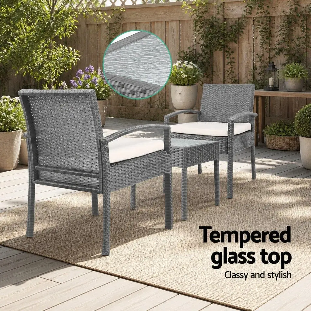 3PC Patio Lounge Set Outdoor Bistro Furniture Wicker Chairs Side Table Grey